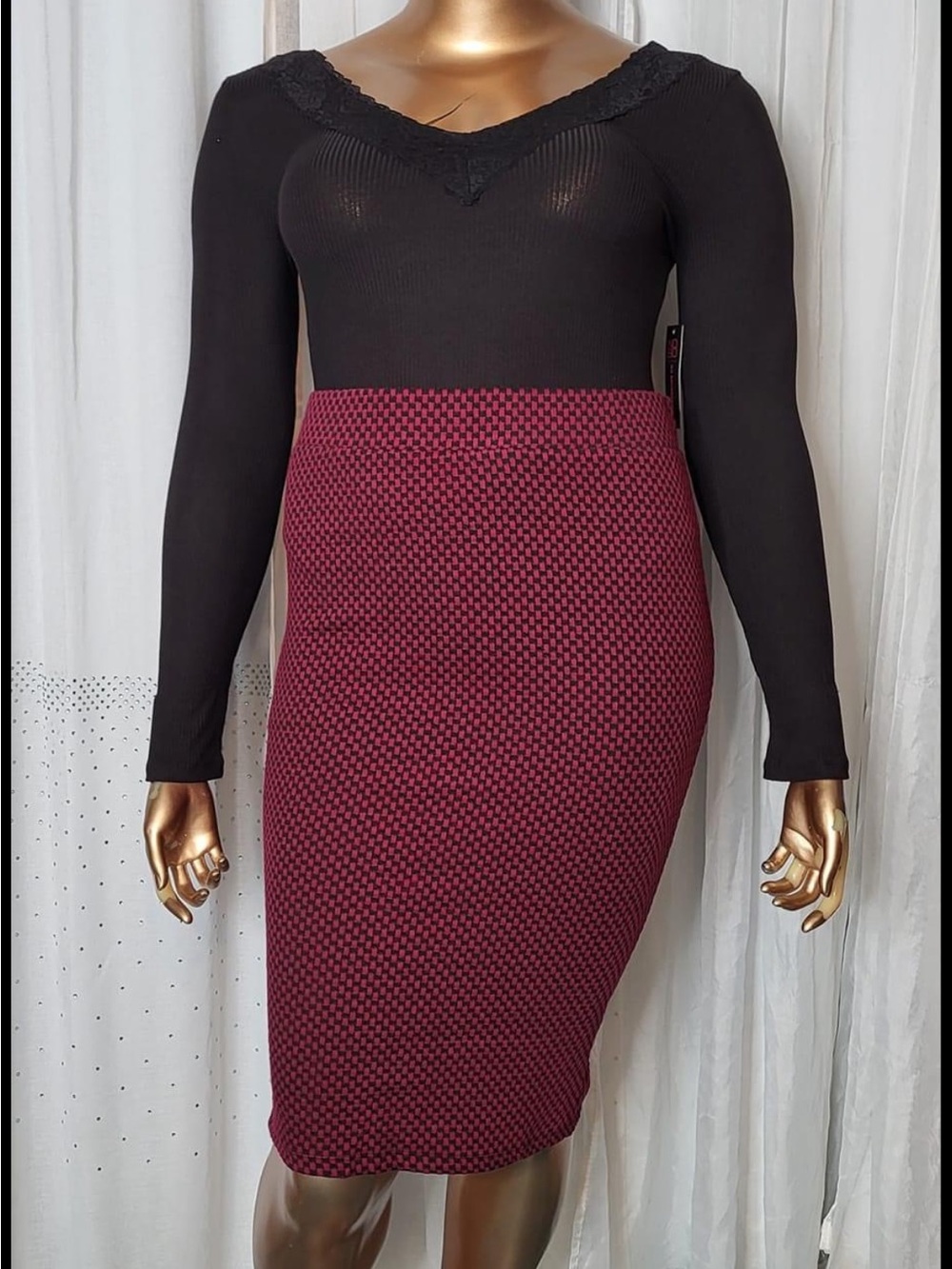 Textured Burgundy Pencil Skirt - Women